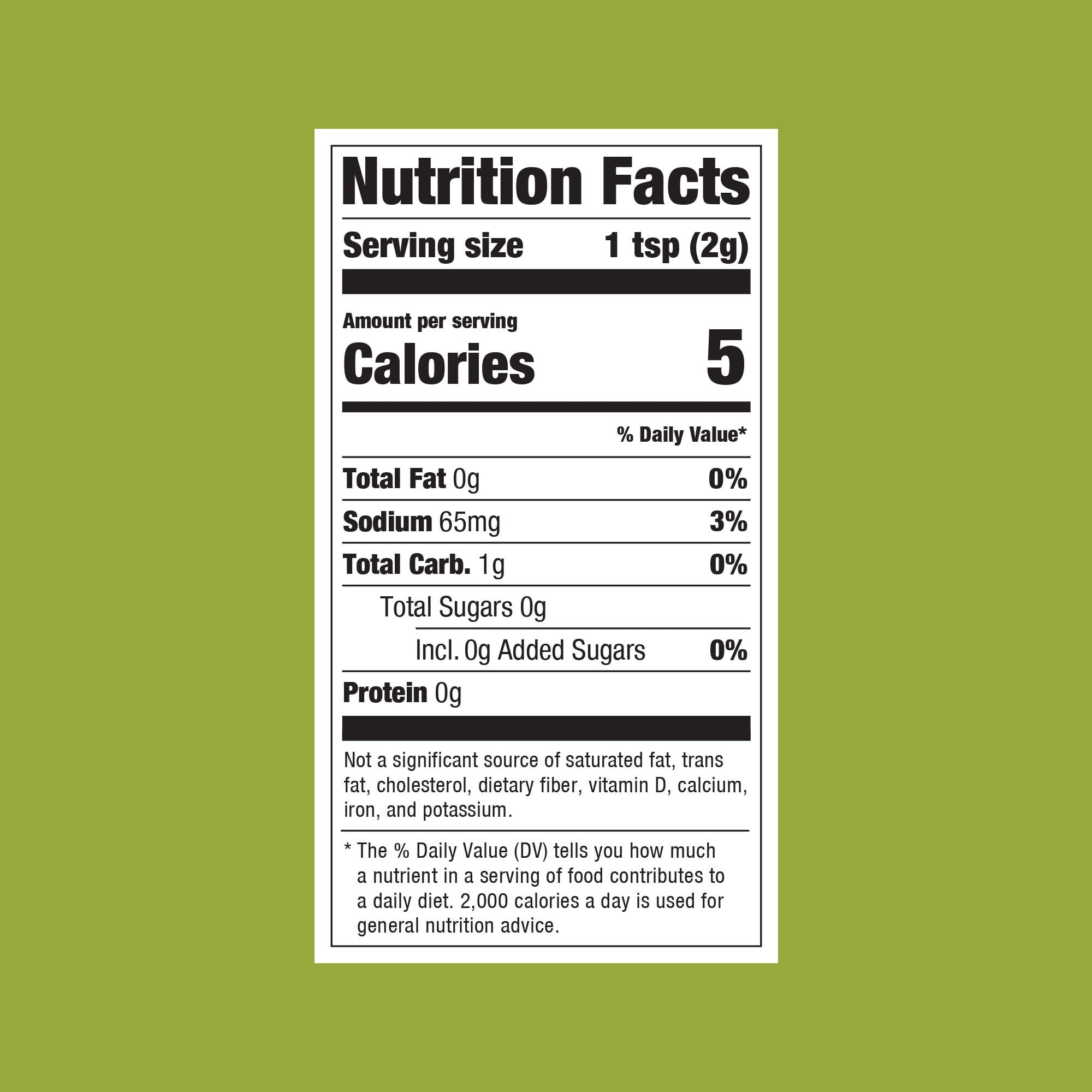 The nutrition facts label on a green background for Rishi Tea & Botanicals Everyday Matcha tea.