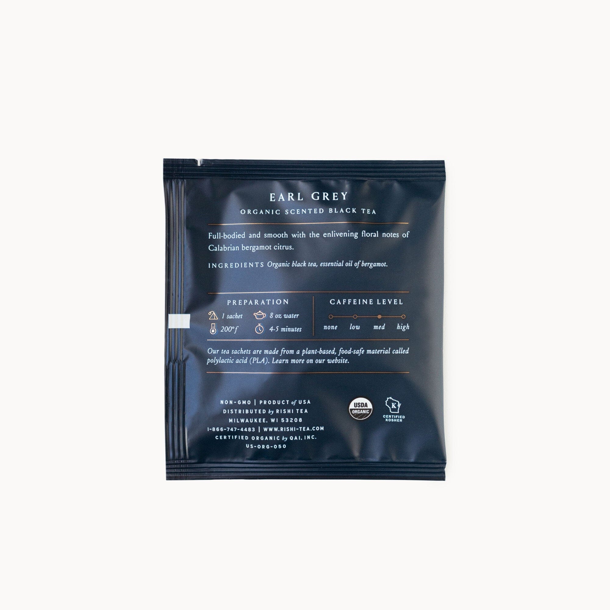 A packet of Earl Grey tea from Rishi Tea & Botanicals on a white background.