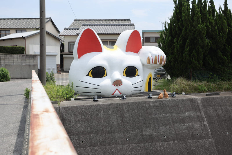 Large cat-shaped object on a concrete ledge with residential buildings in the background