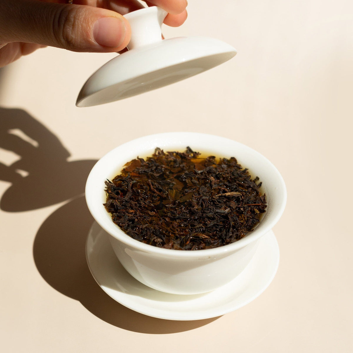 A hand lifts the lid off a white cup filled with limited-release Darjeeling tea from Pussimbing gardens by Rishi Tea & Botanicals, set on a matching saucer against a neutral background.