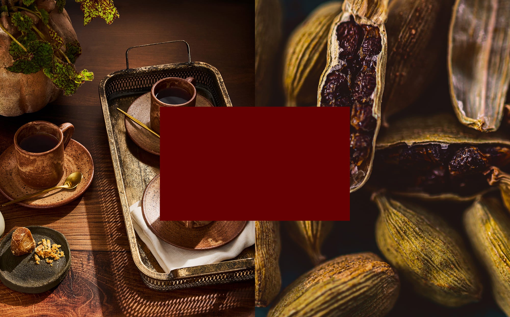 A styled tabletop scene with ceramic cups of dark coffee on a metal tray, surrounded by cacao pods and a close-up of a cacao pod split open showing dark chocolate beans. A large solid dark red rectangle obscures the center of the composition.
