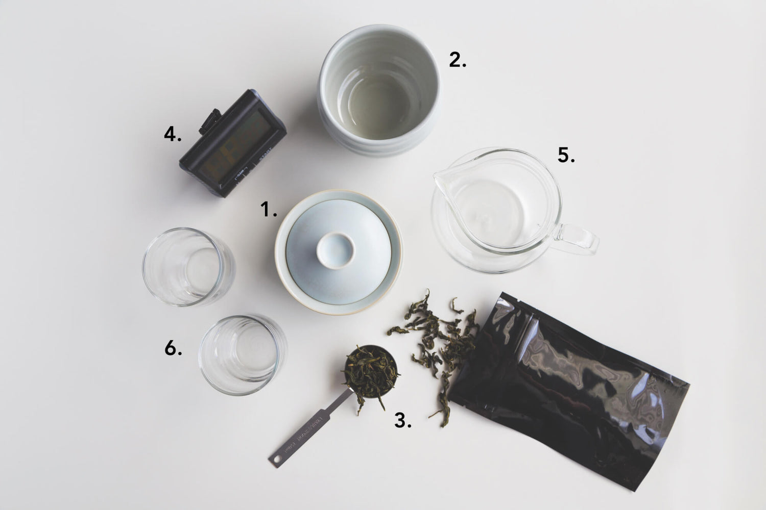 Layout of each of the tools needed for this traditional Chinese brewing method