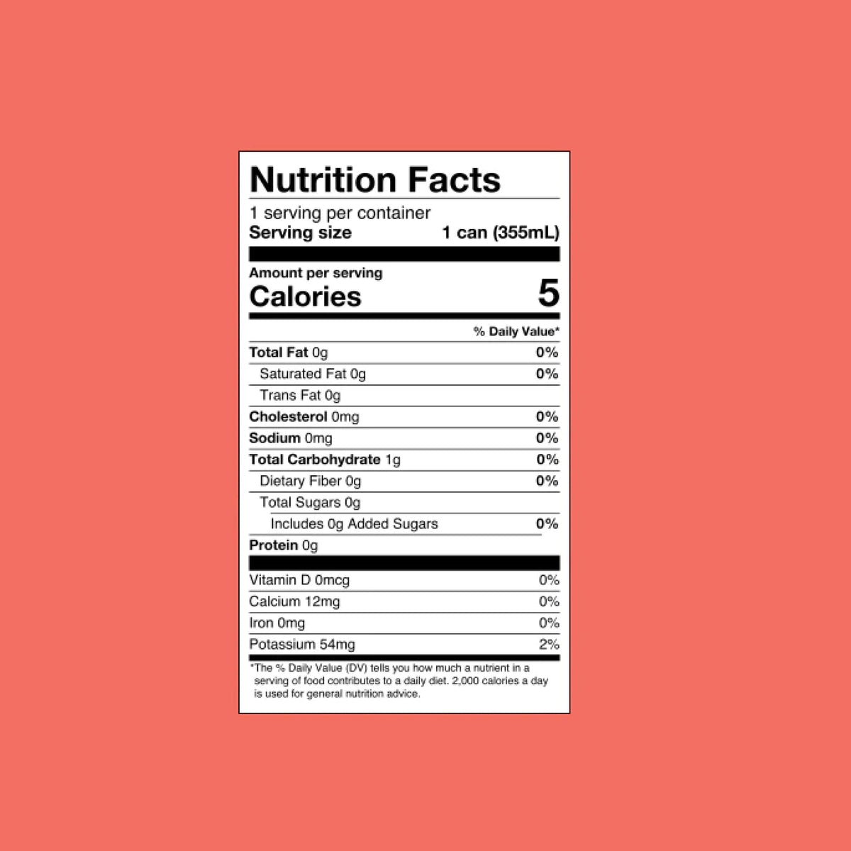 The vibrant red label of Rishi Tea & Botanicals reveals just 5 calories per 355mL serving. With most nutrients at 0% daily value, calcium and potassium are at 1%. The refreshing blend subtly hints at an exotic hibiscus infusion.