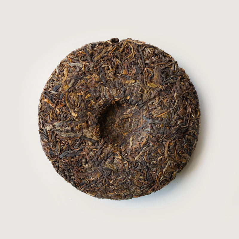 An Old Trees Lincang Sheng Pu'er Cake by Rishi Tea & Botanicals on a white background.