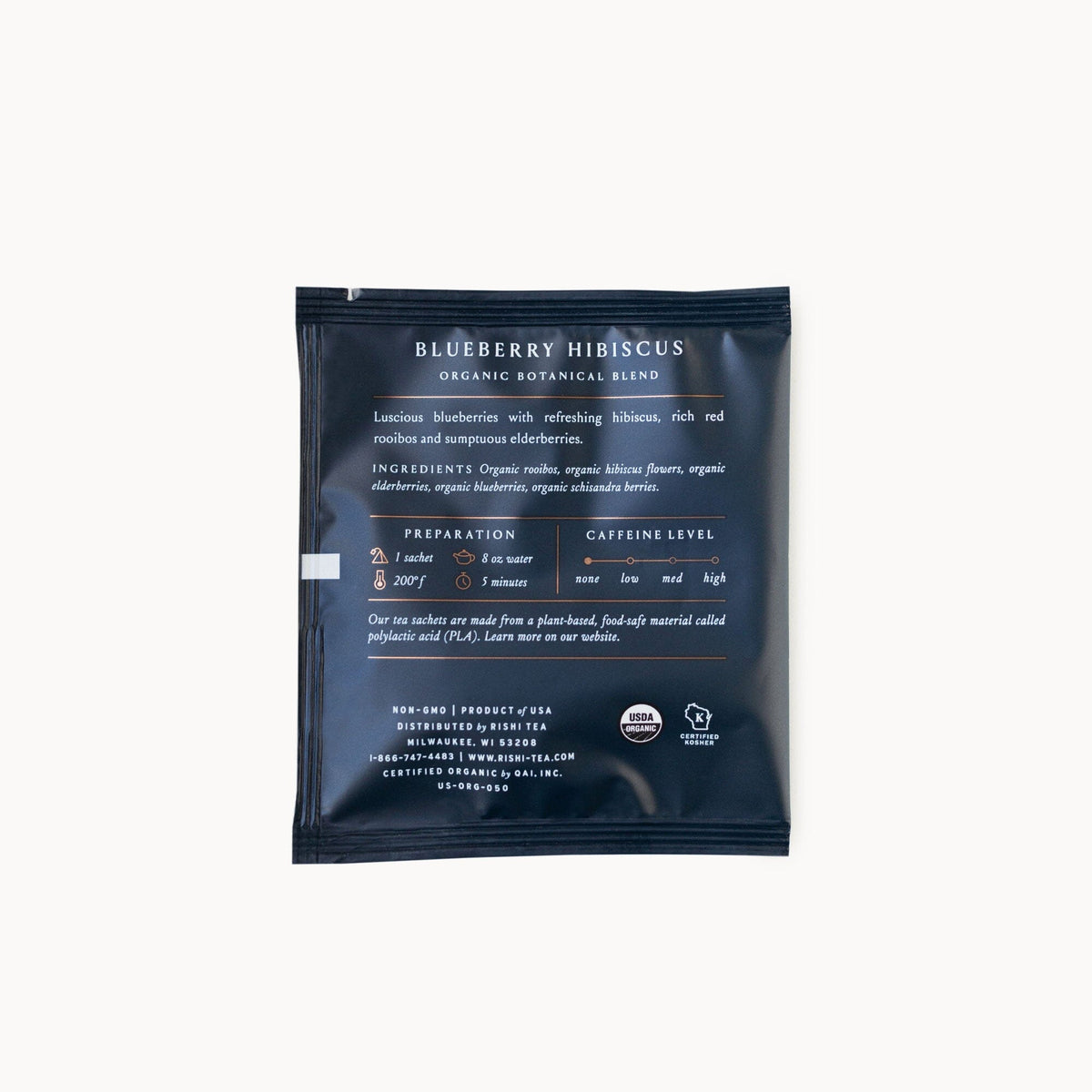 A packet of Blueberry Hibiscus from Rishi Tea & Botanicals on a white background.