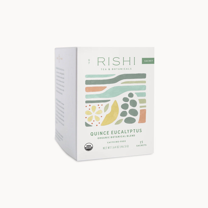 A box of Quince Eucalyptus tea from Rishi Tea & Botanicals in a white box.