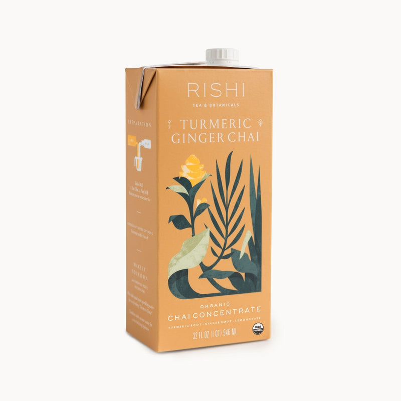 A box of Rishi Tea & Botanicals Turmeric Ginger Chai Concentrate.