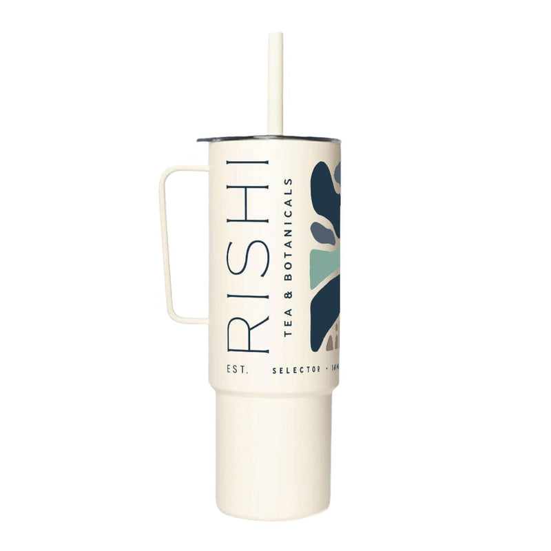A reusable travel mug labeled "Rishi Tea & Botanicals," featuring a blue and green abstract leaf design. The Rishi x Miir All Day Straw Cup, made from recycled stainless steel, includes a handle and straw. Its double-wall insulation ensures your drink stays at the perfect temperature.