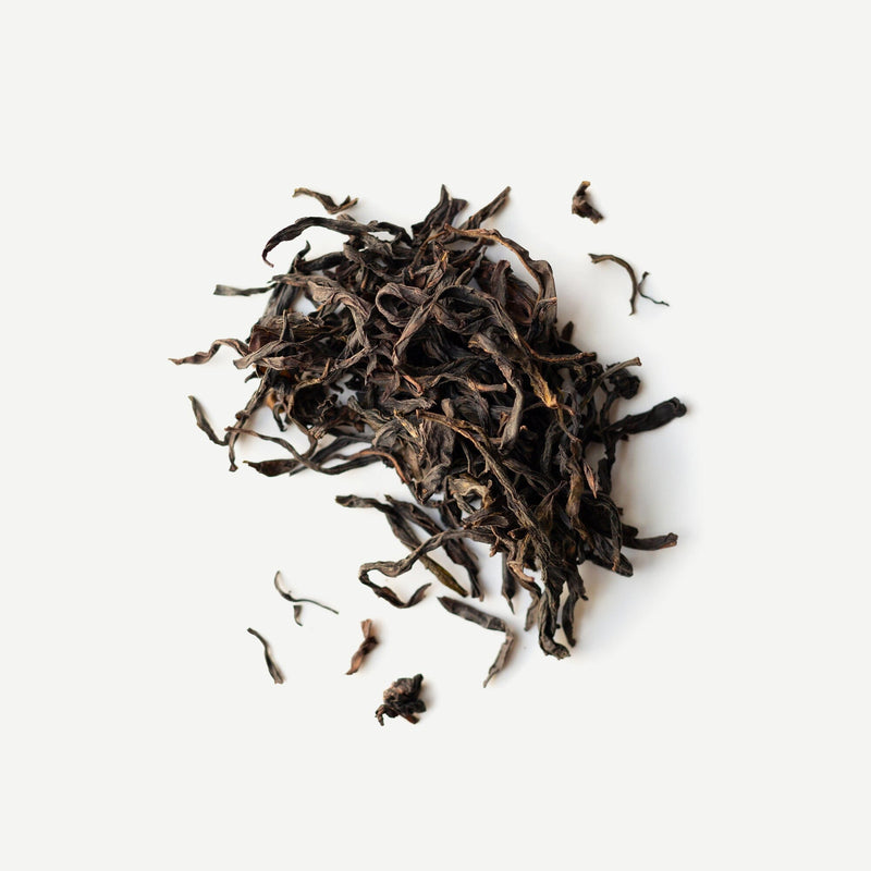 Loose, dried high-mountain oolong tea leaves from Rishi Tea & Botanicals are scattered on a plain white background.