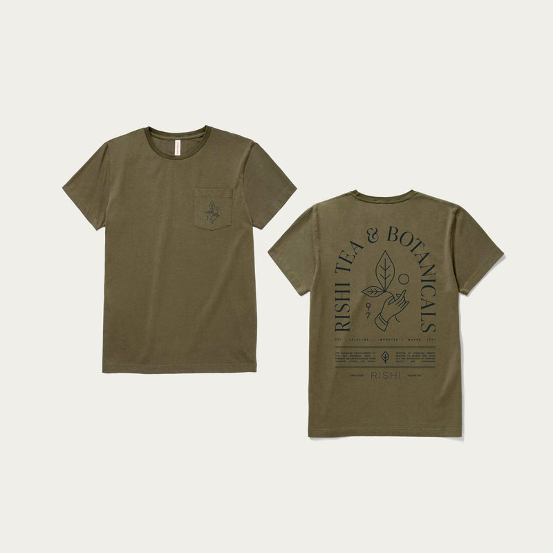Two Rishi Weekend T-Shirts in olive green, made from organic cotton. One shirt is shown from the front, featuring a small chest logo, while the other is shown from the back with a large "Rishi Tea & Botanicals" graphic and additional text beneath. Both shirts are unisex and proudly boast Fair Trade certification.