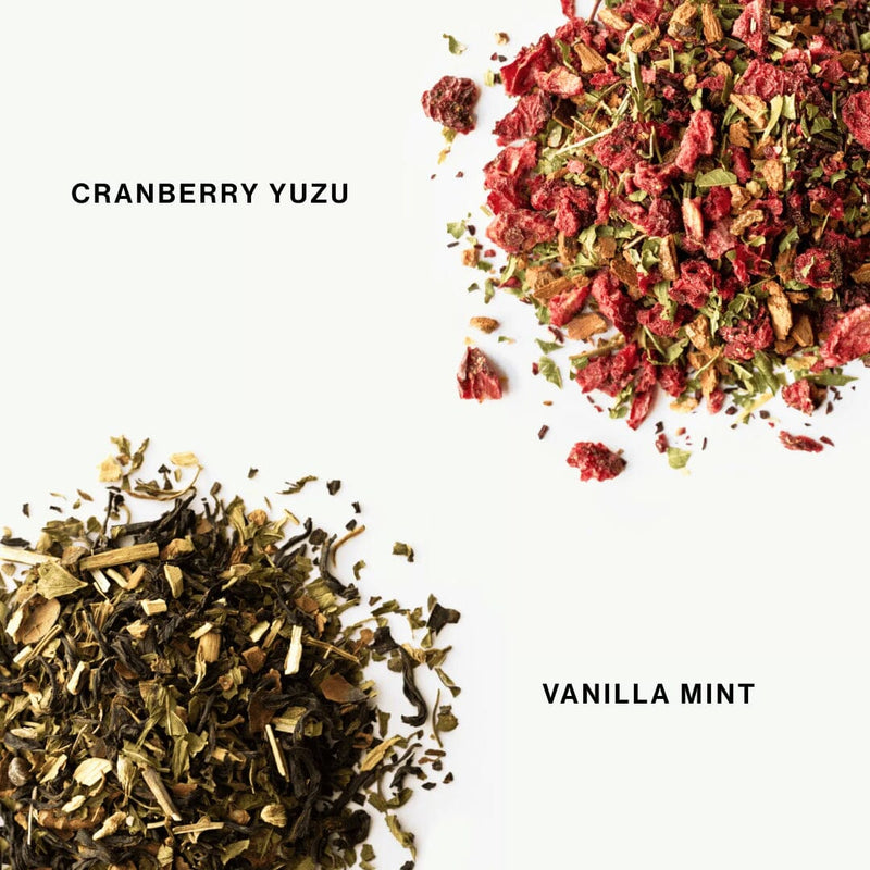 Two piles of loose leaf tea from Rishi Tea & Botanicals are labeled: 