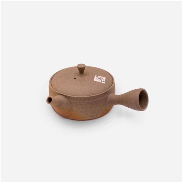 A small brown Cera-Mesh Kyusu Teapot by Rishi Tea & Botanicals on a white background.
